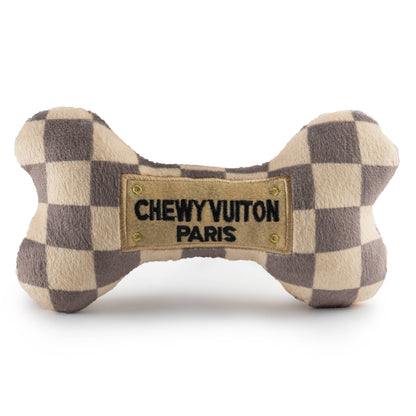 Checker Chewy Vuiton Bone – Weiches Plüsch-Hundespielzeug mit Quietscher