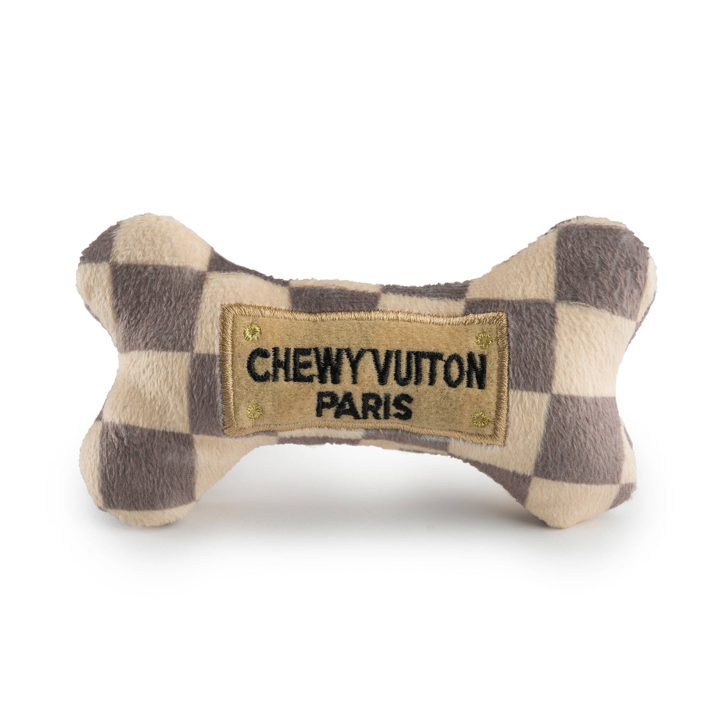 Checker Chewy Vuiton Bone – Weiches Plüsch-Hundespielzeug mit Quietscher