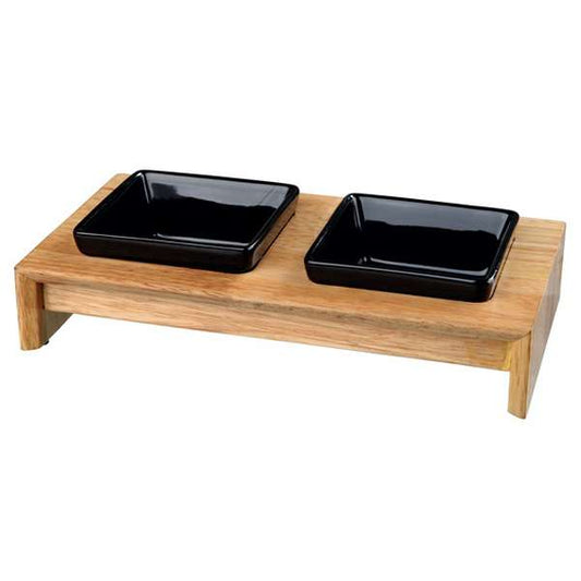 Trixie Napf-Set Keramik/Holz – 2er Set mit Halter, Rutschfeste Futterstation